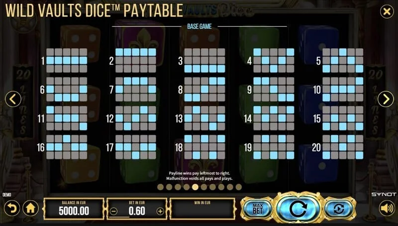 Wild Vaults Dice - 勝利ライン上の乗数付きWild Dice